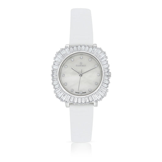 Stainless Steel 316 Watch Silver Plated And White Leather Embedded With White Zircon - MOP DIAL
