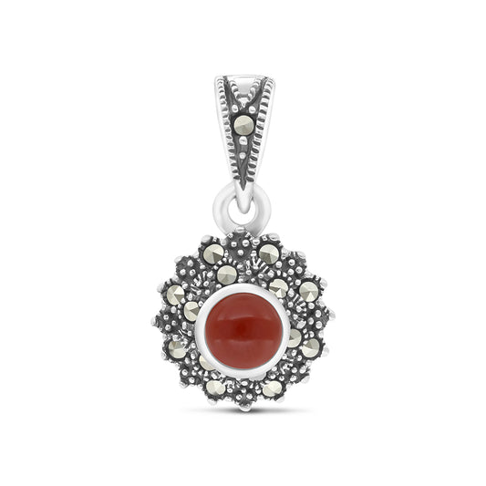 Sterling Silver 925 Pendant Embedded With Natural Aqiq And Marcasite Stones