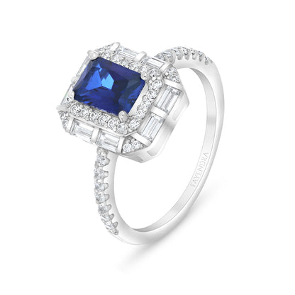 Sterling Silver 925 Ring  Rhodium Plated Embedded With Sapphire Corundum And White Zircon