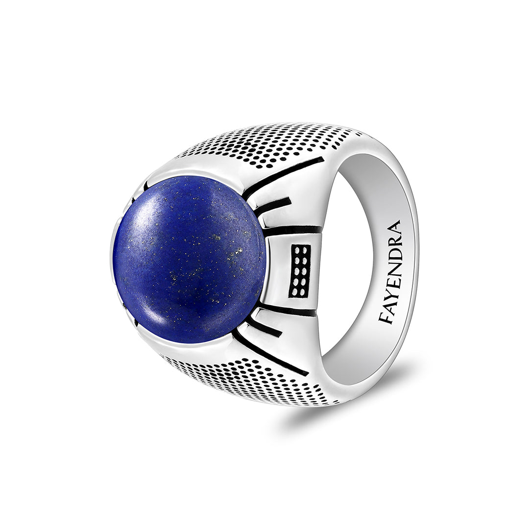 Sterling Silver 925 Ring Rhodium And Black Plated Embedded With Cabochon Lapis For Men