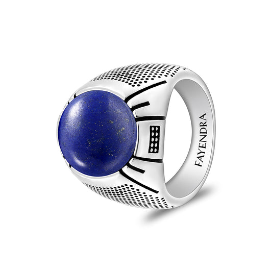 Sterling Silver 925 Ring Rhodium And Black Plated Embedded With Cabochon Lapis For Men