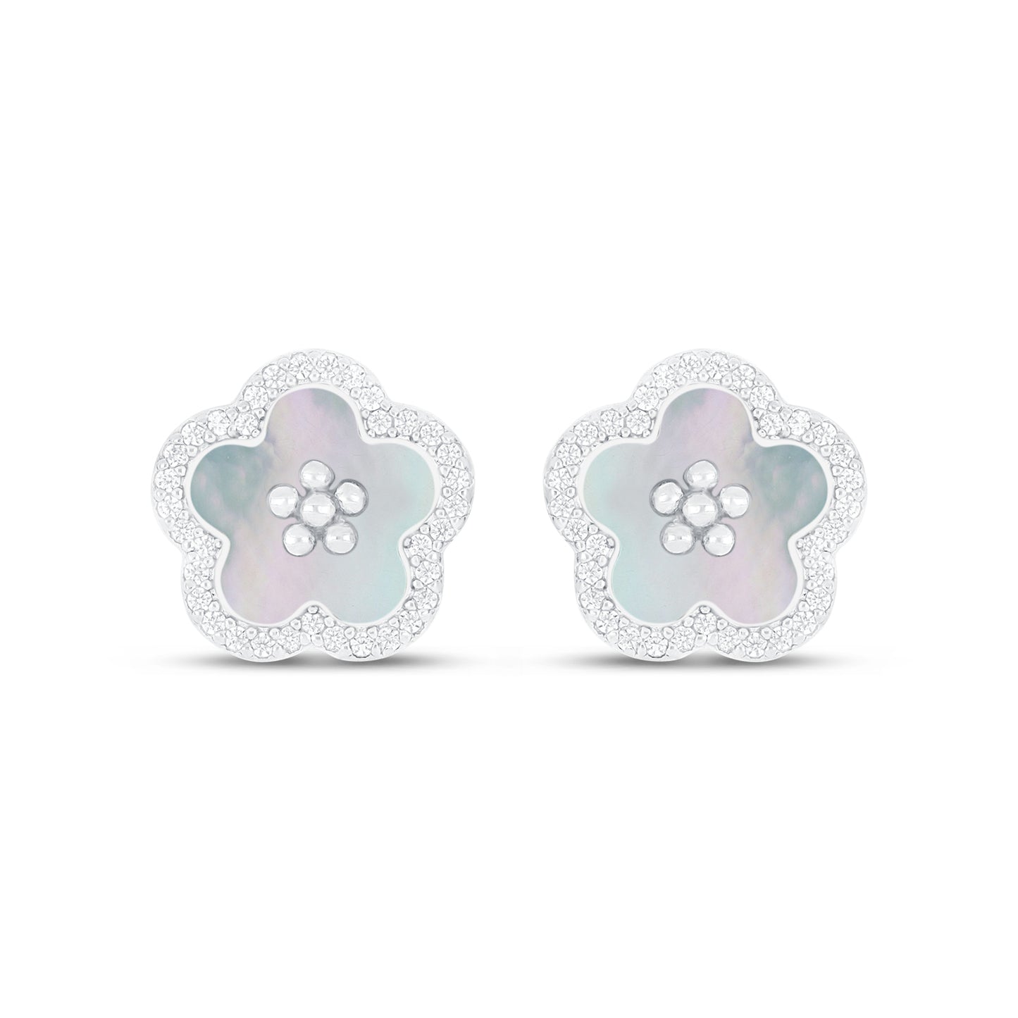 Sterling Silver 925 Earring Rhodium Plated Embedded With White Shell And White Zircon