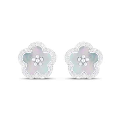 Sterling Silver 925 Earring Rhodium Plated Embedded With White Shell And White Zircon