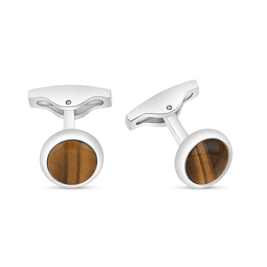 Stainless Steel Cufflink 316L Silver Color Embedded With Yellow Tiger Eye shell Shiny Steel