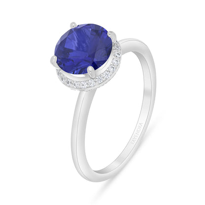 Sterling Silver 925 Ring Rhodium Plated Embedded With Sapphire Corundum And White Zircon