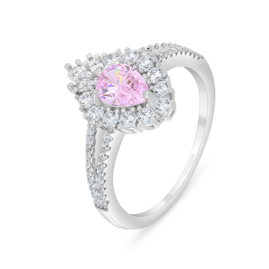 Sterling Silver 925 Ring Rhodium Plated Embedded With Pink Zircon And White Zircon