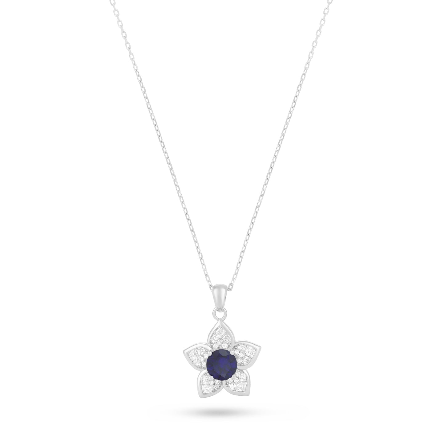 Sterling Silver 925 Necklace Rhodium Plated Embedded With Sapphire Corundum And White Zircon