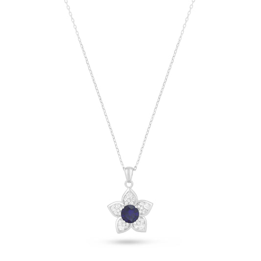 Sterling Silver 925 Necklace Rhodium Plated Embedded With Sapphire Corundum And White Zircon