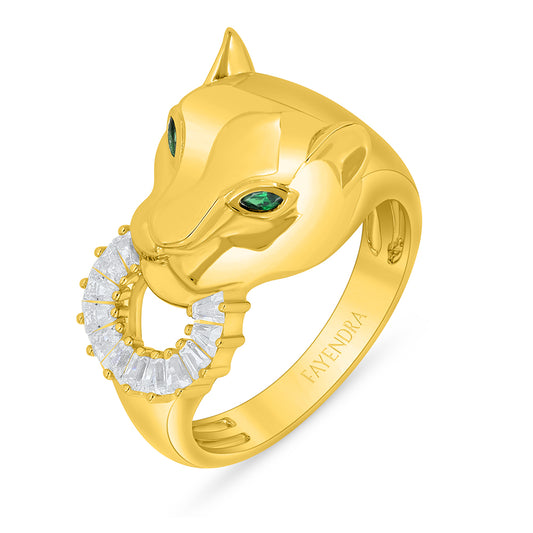 Sterling Silver 925 Ring Golden Plated Embedded With Emerald Zircon And White Zircon
