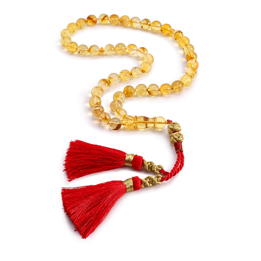 Rosary 45 Embedded With Natural Amber Round Beads 10 mm And Fabric Tassel