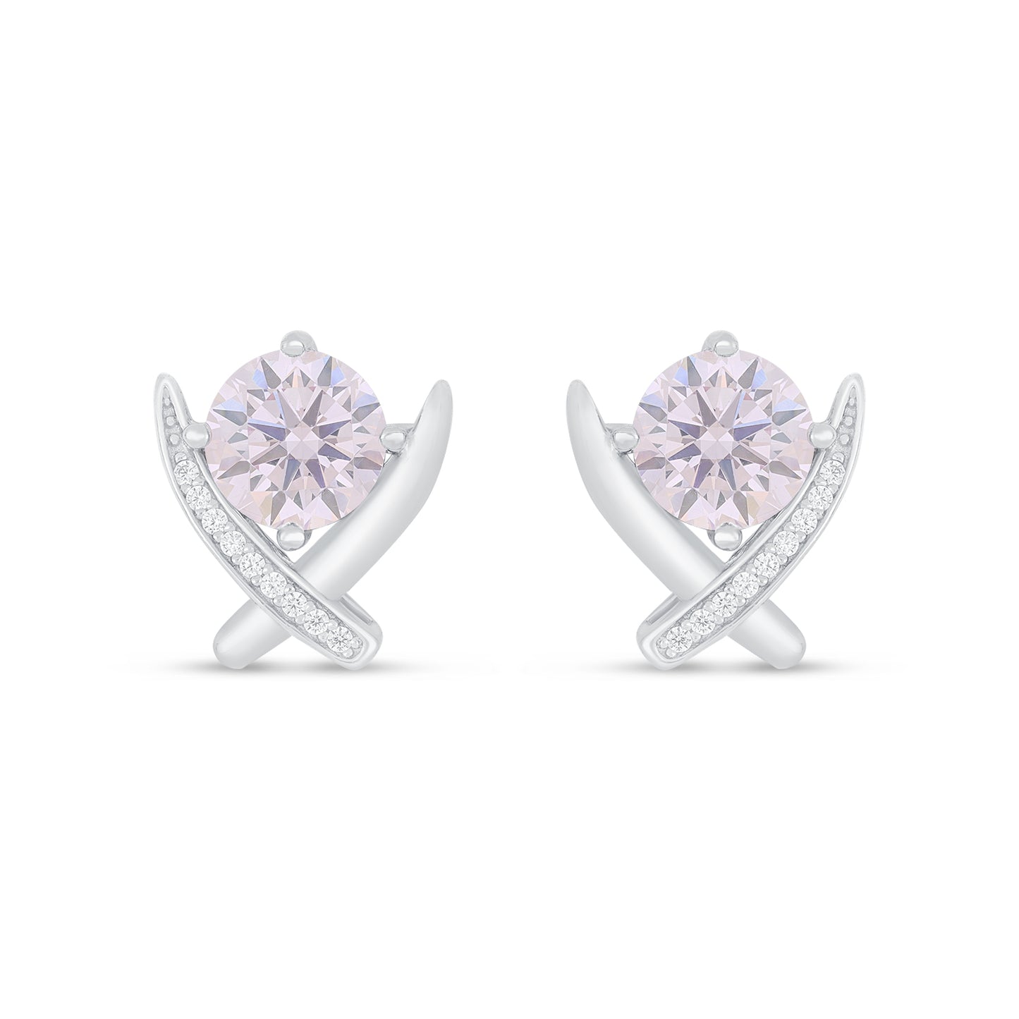 Sterling Silver 925 Earring Rhodium Plated Embedded With Pink Zircon And White Zircon