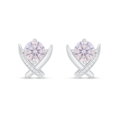 Sterling Silver 925 Earring Rhodium Plated Embedded With Pink Zircon And White Zircon