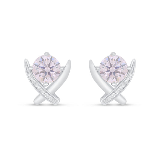 Sterling Silver 925 Earring Rhodium Plated Embedded With Pink Zircon And White Zircon