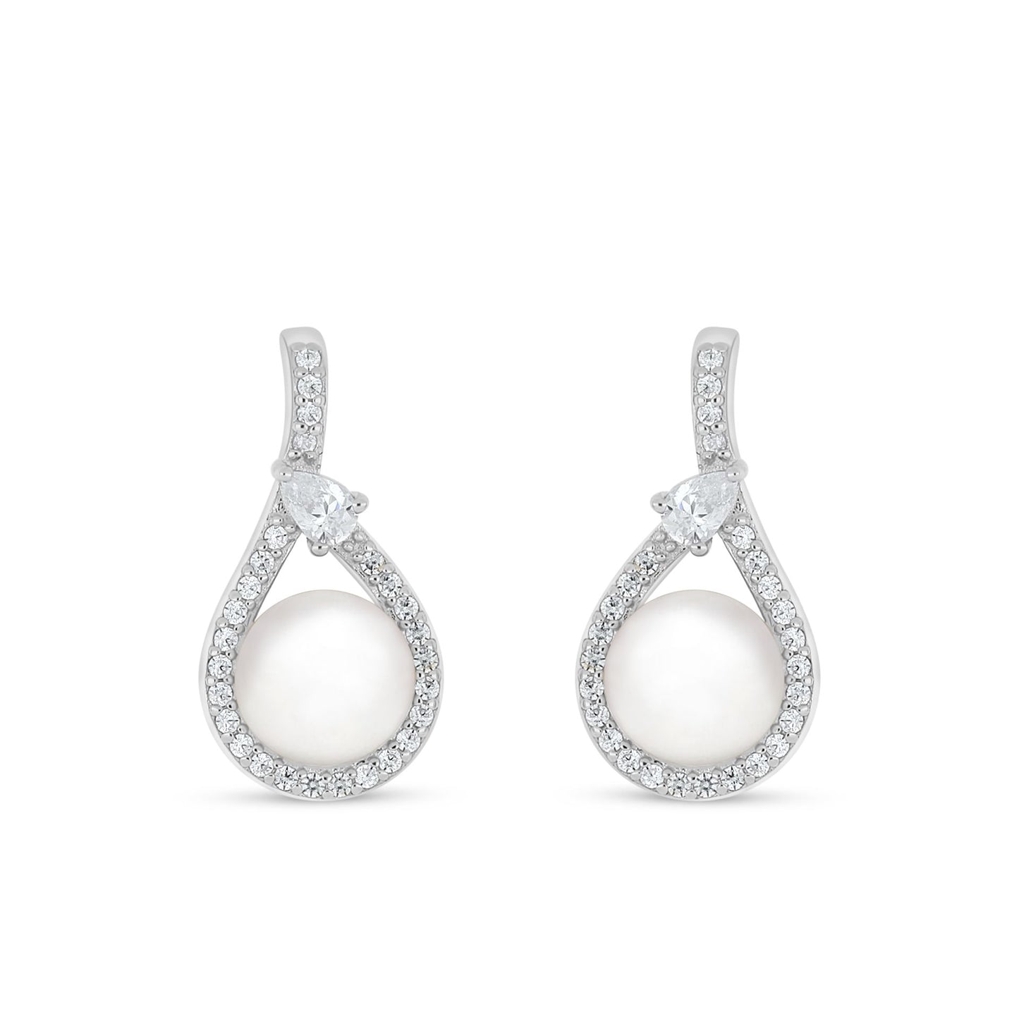 Sterling Silver 925 Earring Rhodium Plated Embedded With Natural White Pearl And White Zircon
