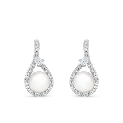 Sterling Silver 925 Earring Rhodium Plated Embedded With Natural White Pearl And White Zircon