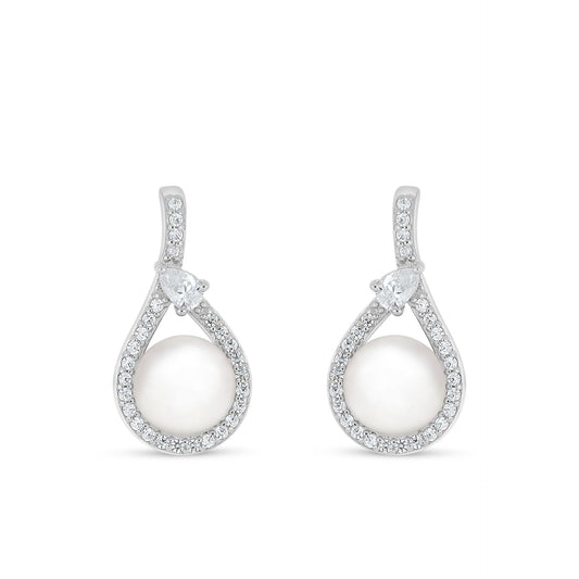 Sterling Silver 925 Earring Rhodium Plated Embedded With Natural White Pearl And White Zircon