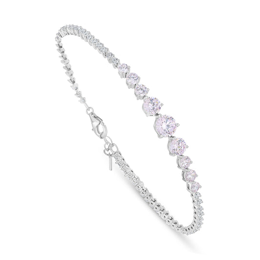 Sterling Silver 925 Bracelet Rhodium Plated Embedded With Pink Zircon And White Zircon
