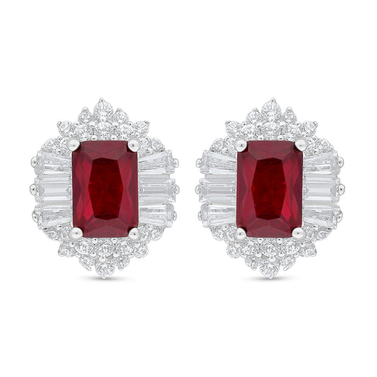 Sterling Silver 925 Earring Rhodium Plated Embedded With Ruby Corundum And White Zircon