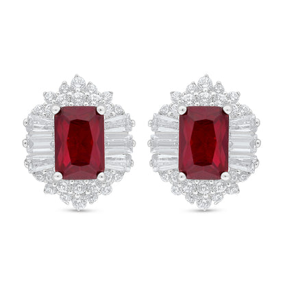 Sterling Silver 925 Earring Rhodium Plated Embedded With Ruby Corundum And White Zircon