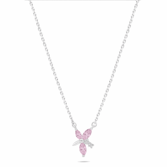 Sterling Silver 925 Necklace Rhodium Plated Embedded With Pink Zircon And White Zircon