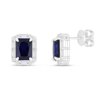 Sterling Silver 925 Earring Rhodium Plated Embedded With Sapphire Corundum And White Zircon