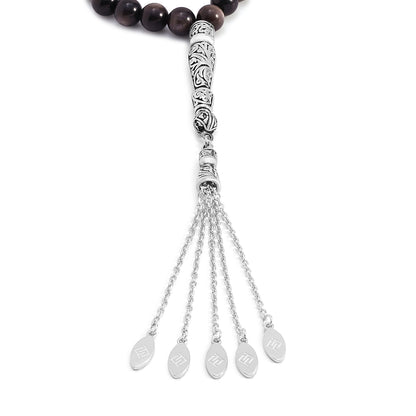 Silver Obsidian Rosary 45 Beads Premium Grade 8 mm With Stainless Steel 316L Set (Silver & Black Plated)