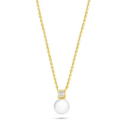 Sterling Silver 925 Necklace Golden Plated Embedded With Natural White Pearl, Diamond Zircon And White Zircon