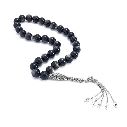 سبحة 33 اوبسديم فضى بيلية 12 مم طقم ستانلس ستيل عيار 316L مطلى فضي واسود