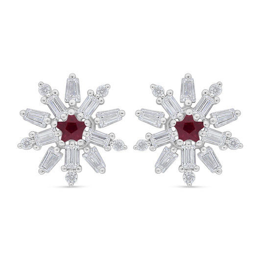 Sterling Silver 925 Earring Rhodium Plated Embedded With Ruby Corundum And White Zircon