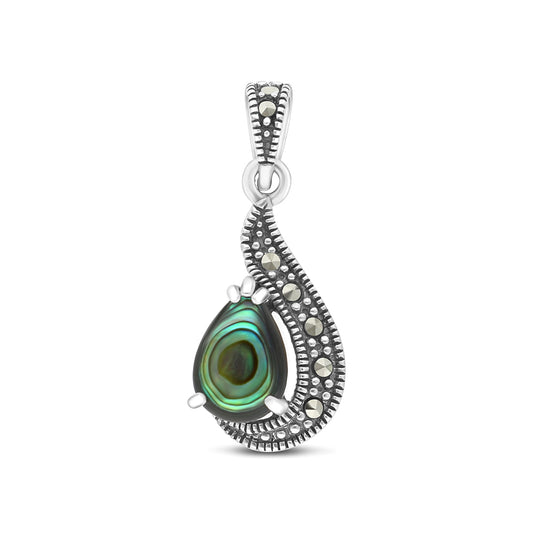 Sterling Silver 925 Pendant Embedded With Natural Blue Shell And Marcasite Stones