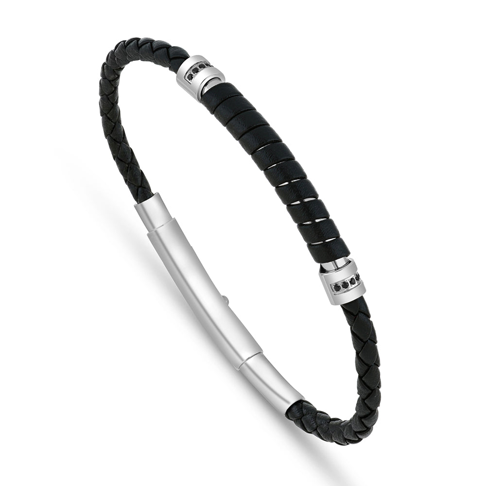 Stainless Steel 316 L Bracelet, Silver Color Black Leather For Men