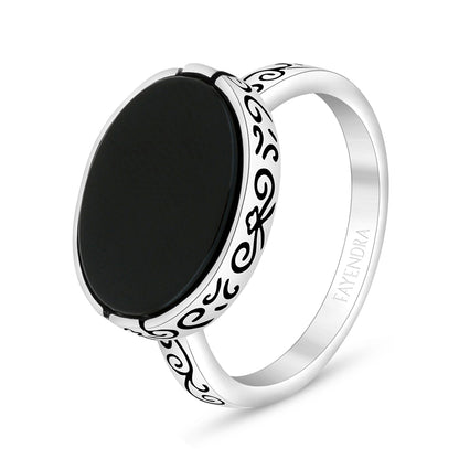 Sterling Silver 925 Ring Rhodium And Black Plated Embedded With Black Agate For Men