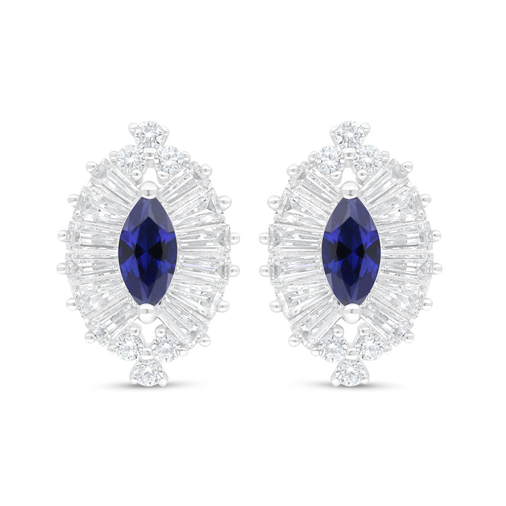 Sterling Silver 925 Earring Rhodium Plated Embedded With Sapphire Corundum And White Zircon