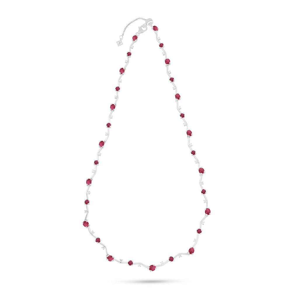 Sterling Silver 925 Necklace Rhodium Plated Embedded With Ruby Corundum And White Zircon
