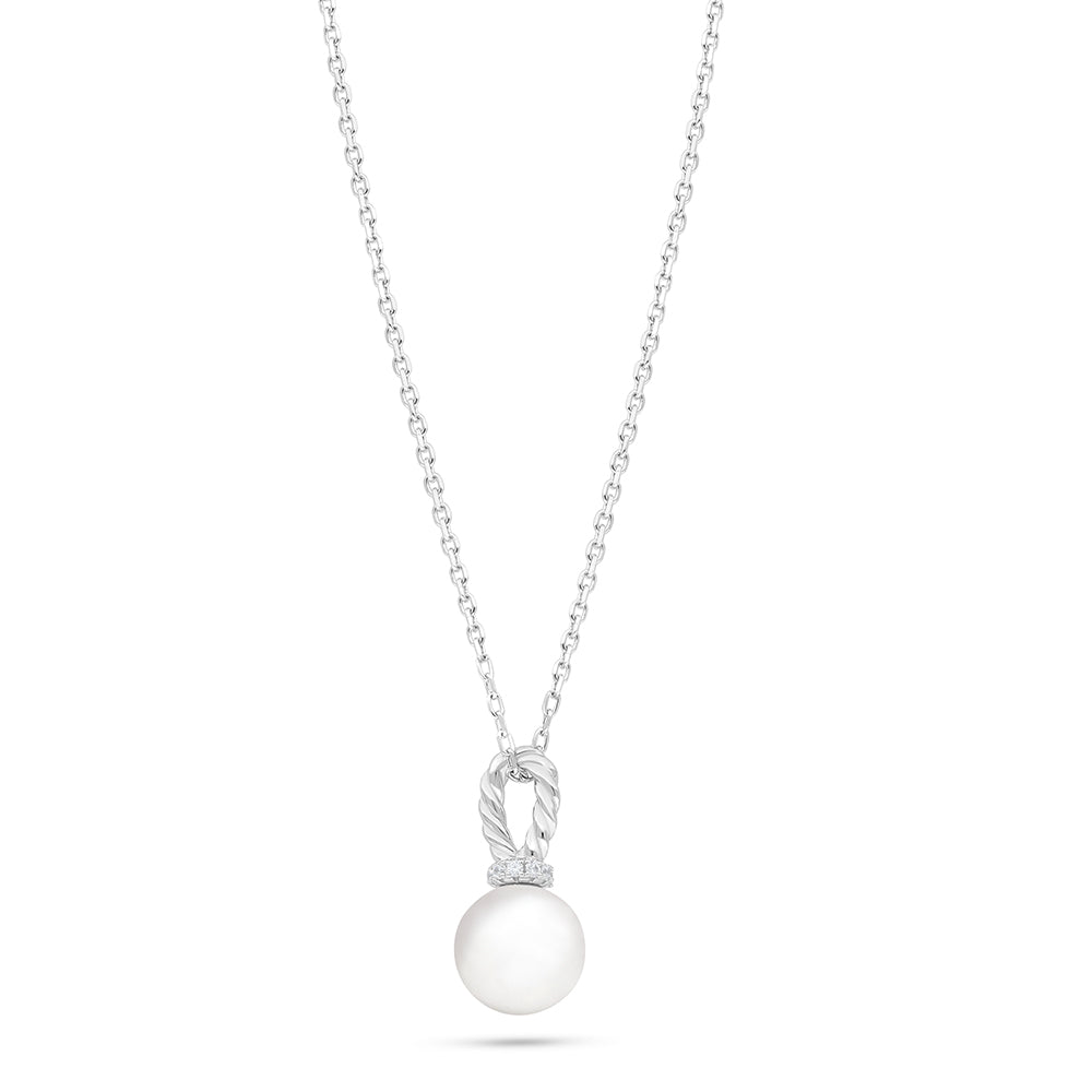 Sterling Silver 925 Necklace Rhodium Plated Embedded With Natural White Pearl And White Zircon