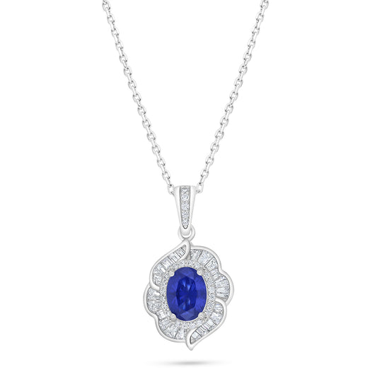 Sterling Silver 925 Necklace Rhodium Plated Embedded With Sapphire Corundum And White Zircon