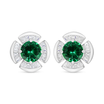 Sterling Silver 925 Earring Rhodium Plated Embedded With Emerald Zircon And White Zircon