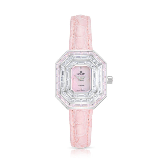 ساعة ستانلس ستيل عيار L316 بلون فضي جلد وردى  زركون بنك و فص ابيض - مينا حجر صدف ام اللالئ الوردى