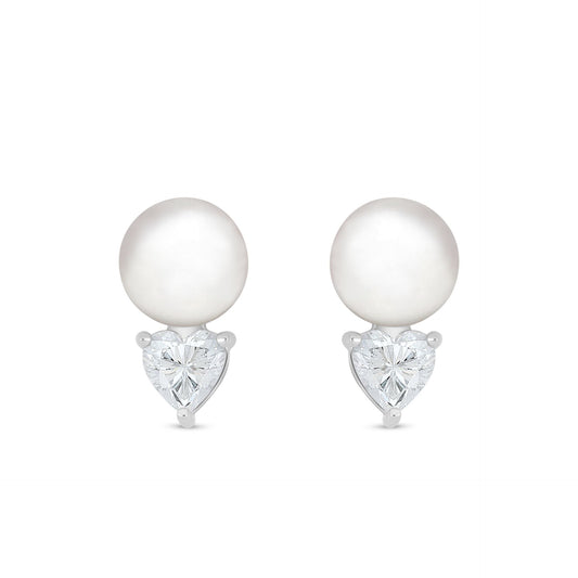Sterling Silver 925 Earring Rhodium Plated Embedded With Natural White Pearl And White Zircon