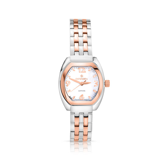 ساعة ستانلس ستيل عيار L316 بلون فضي و ذهبي روز - مينا حجر صدف ام اللالئ الابيض