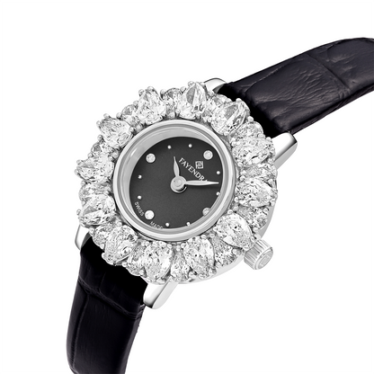 Stainless Steel 316 Watch Silver Color Black Leather Embedded With White Zircon - BLACK MOP DIAL