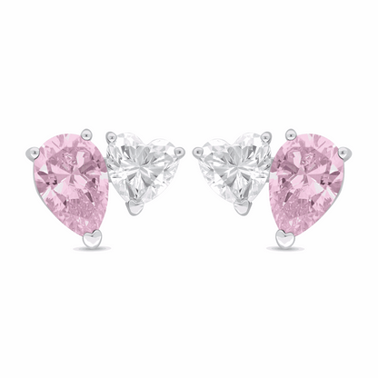 Sterling Silver 925 Earring Rhodium Plated Embedded With Pink Zircon And White Zircon