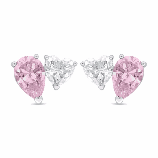 Sterling Silver 925 Earring Rhodium Plated Embedded With Pink Zircon And White Zircon