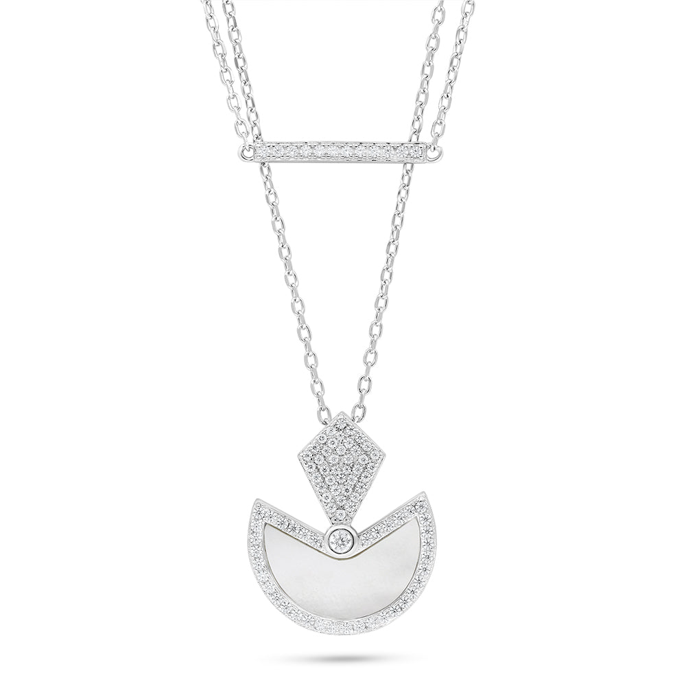 عقد من الفضة الخالصة عيار 925 مطلي روديوم مرصع صدف ابيض و فص ابيض