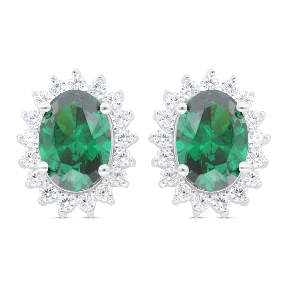 Sterling Silver 925 Earring Rhodium Plated Embedded With Emerald Zircon And White Zircon