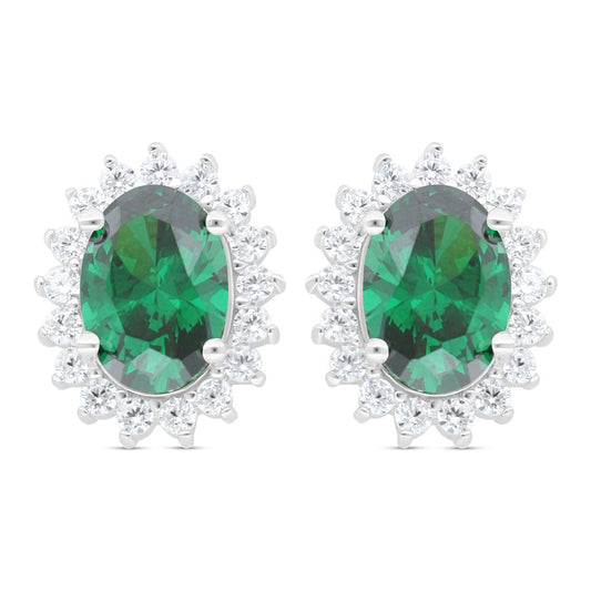 Sterling Silver 925 Earring Rhodium Plated Embedded With Emerald Zircon And White Zircon