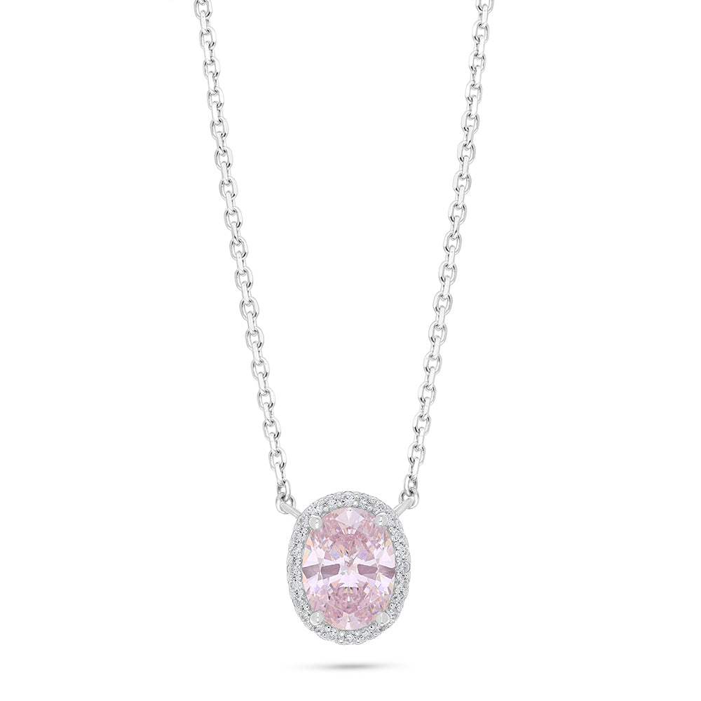 Sterling Silver 925 Necklace Rhodium Plated Embedded With Pink Zircon And White Zircon