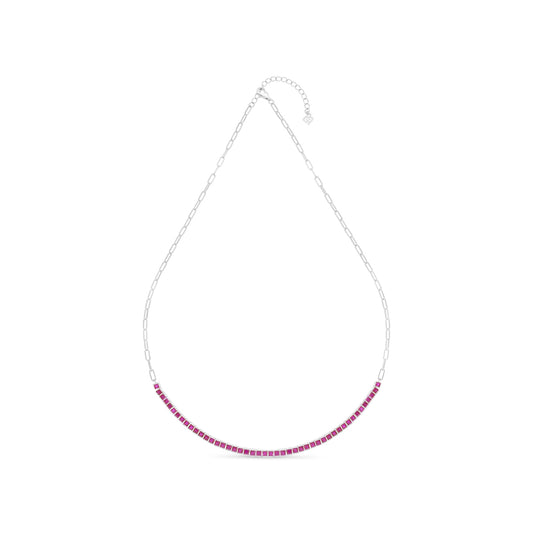 Sterling Silver 925 Necklace Rhodium Plated Embedded With Ruby Corundum And White Zircon