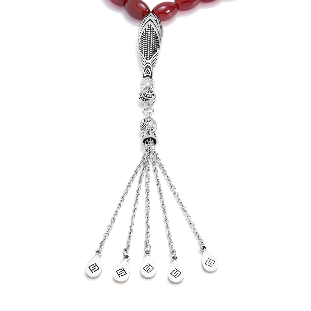 Rosary 33 Dark Red Agate, Olive Cabochon, 8*12 mm With Stainless Steel 316L Set Silver And Black Plated