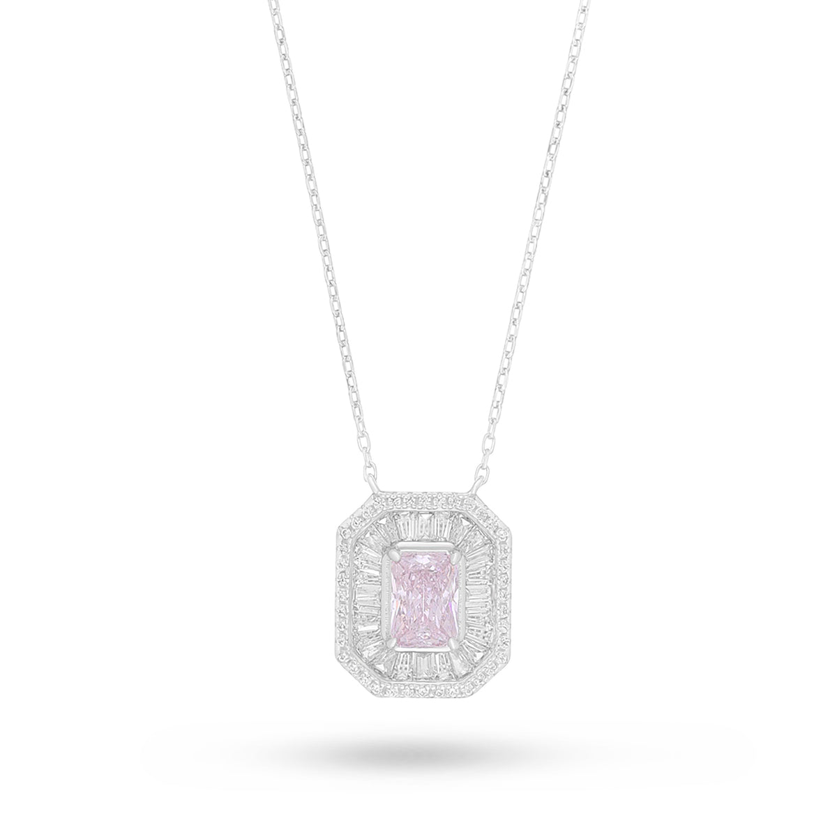 Sterling Silver 925 Necklace Rhodium Plated Embedded With Pink Zircon And White Zircon